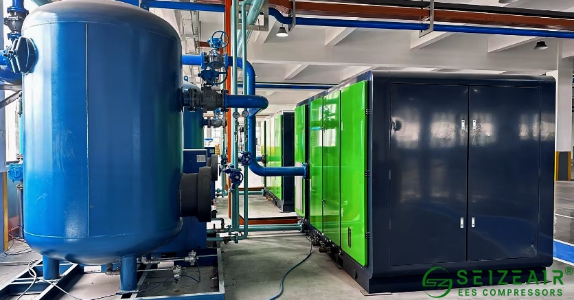  Industrial quiet air compressor installation in factory setting